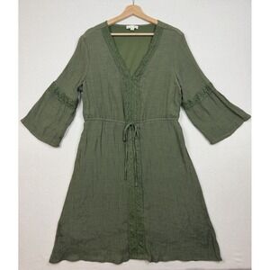 Indigo Rose XL Green Peasant Boho Dress Crochet Flared Sleeve Elastic Waist